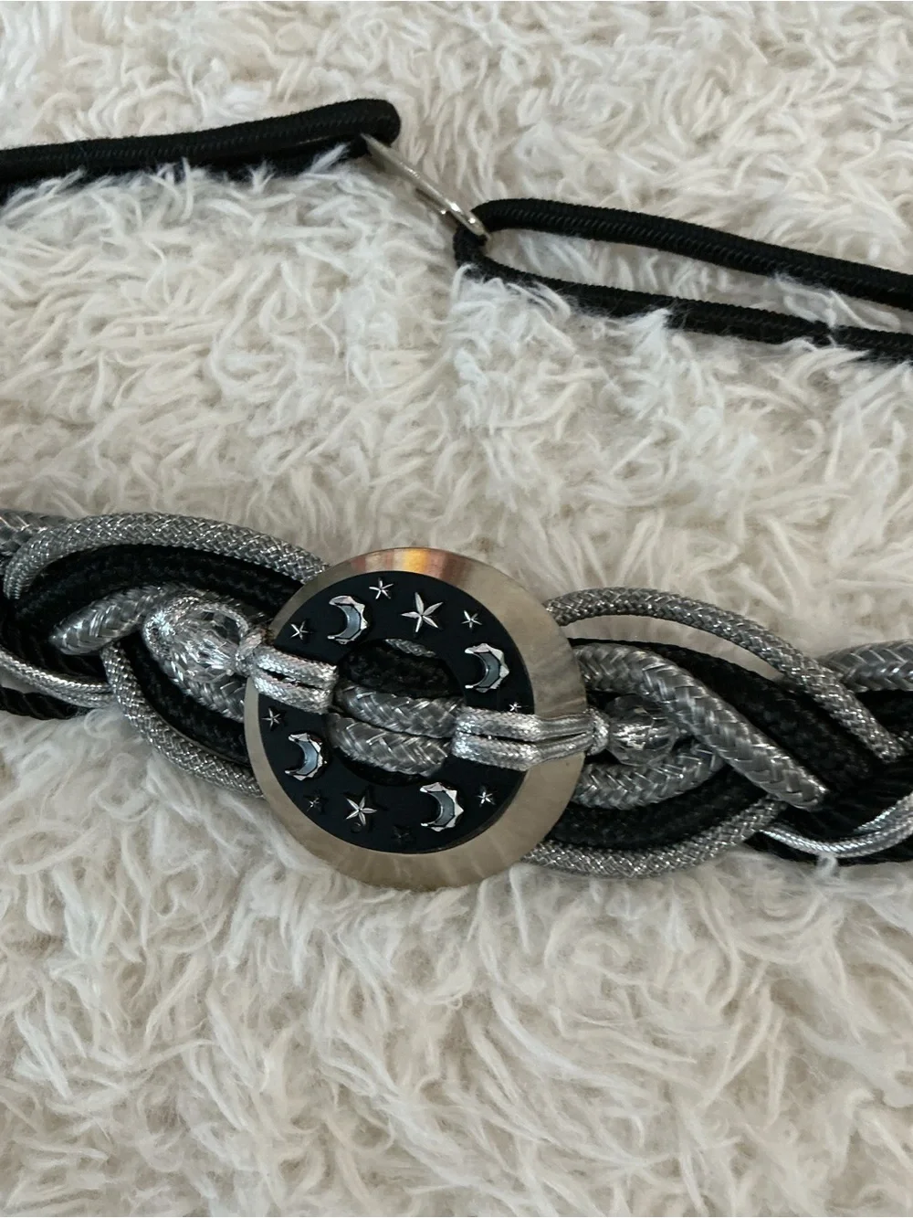 Vintage 80s Black Braided Macrame Belt Chunky Medallion Boho Star & Moon M/L